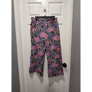 Loft Pants Womens Medium Black Pink Fluid‎ Wide Leg Floral Spring Bloom Pockets